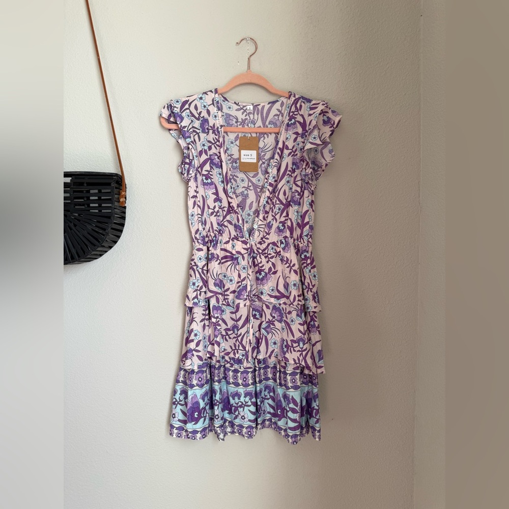 NWT Boho Beach Hut Mini Purple Floral Tiered Dress, Size Small